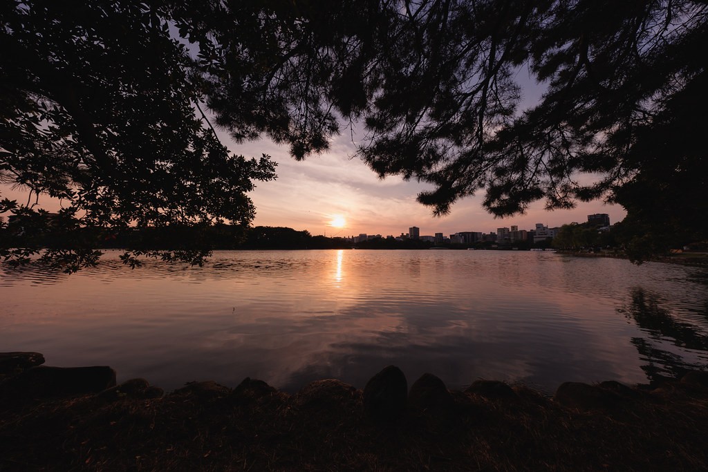 Ohori Park lake landscape at sunset