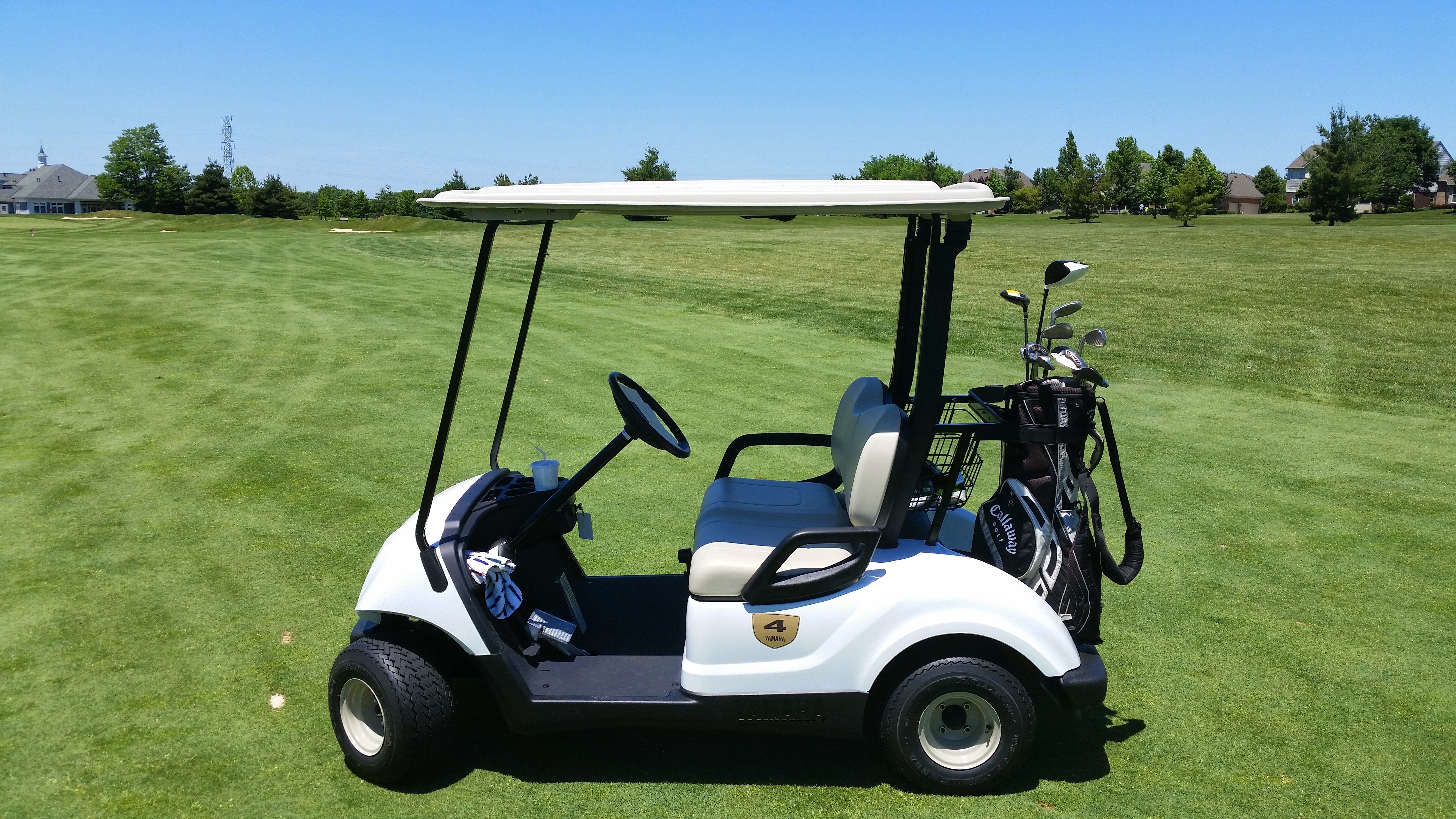 Bright, location-neutral golf cart staged on a fairway with golf bags loaded
