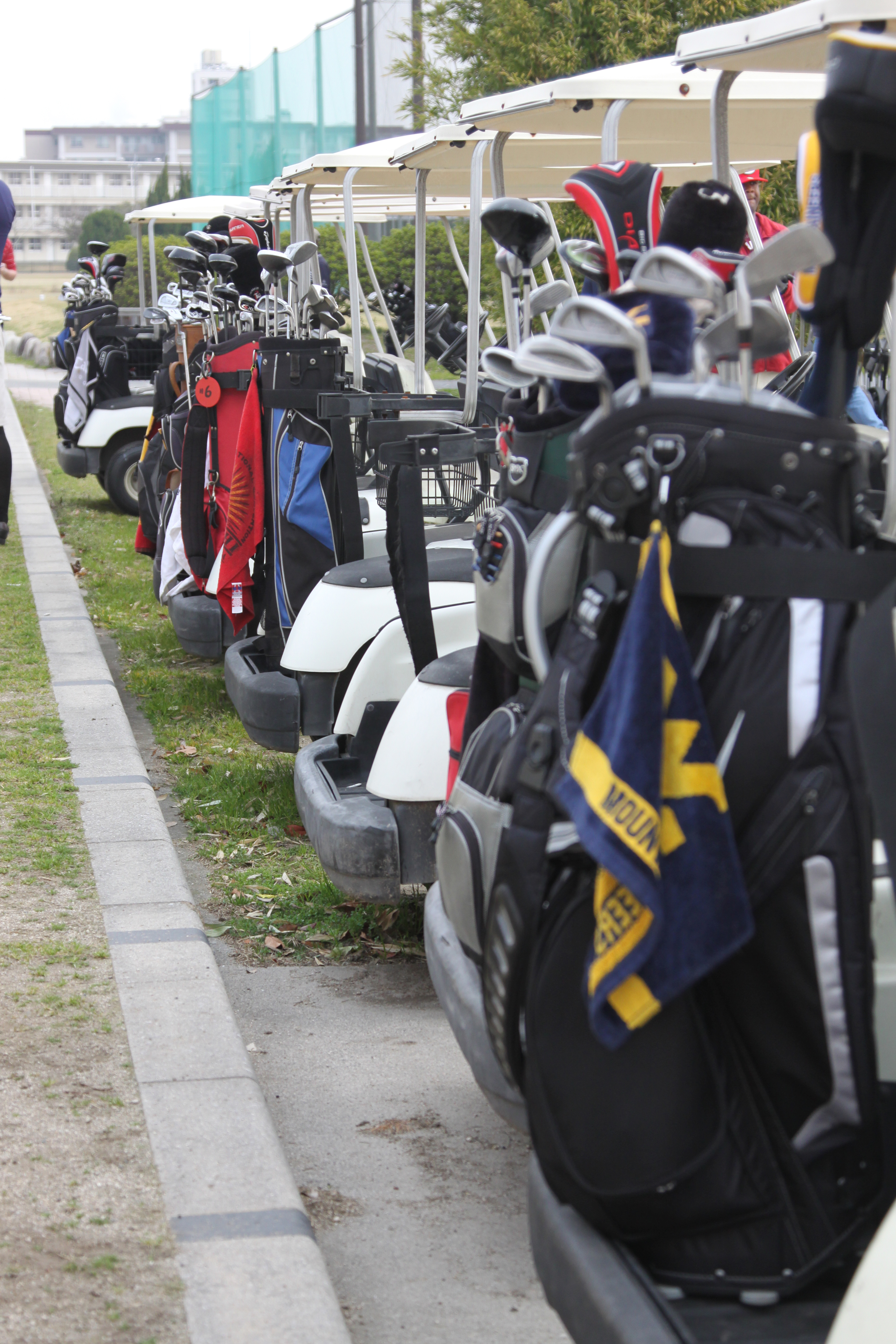 Golf carts lined up with multiple golf bags loaded and ready before a tournament
