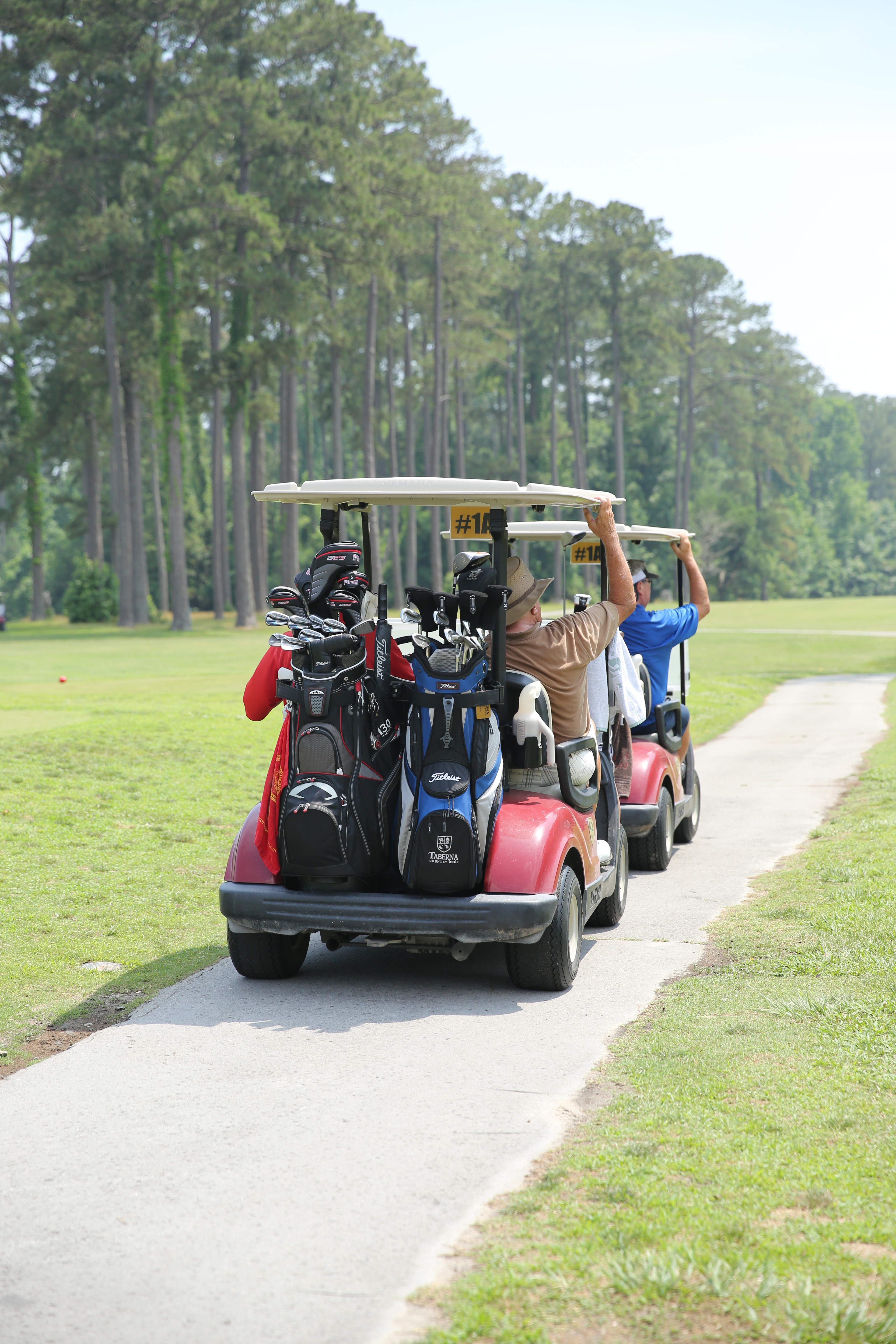 Golfers traveling along a bright course path in a cart loaded with golf bags