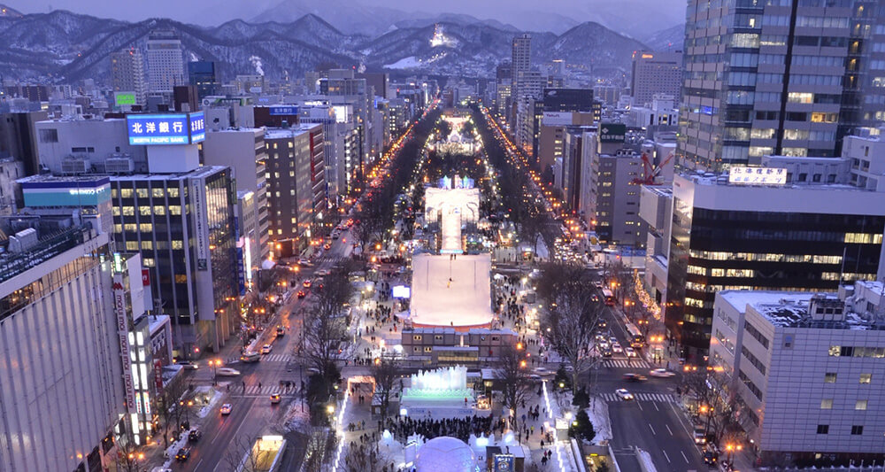 불빛이 켜진 삿포로 겨울 도심과 눈 풍경