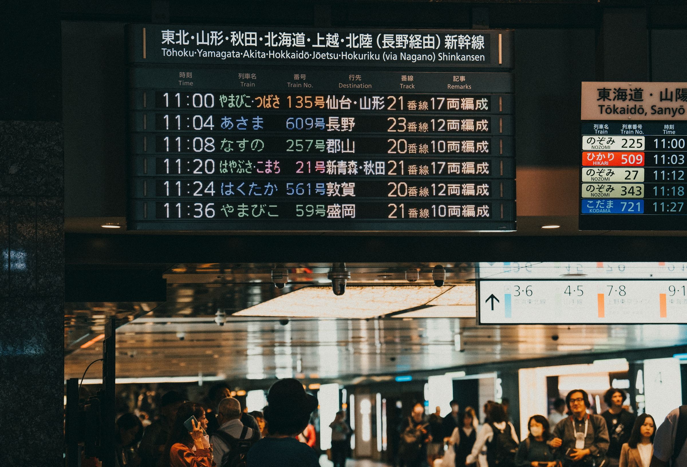 일본 철도역의 디지털 출발 안내판과 승객