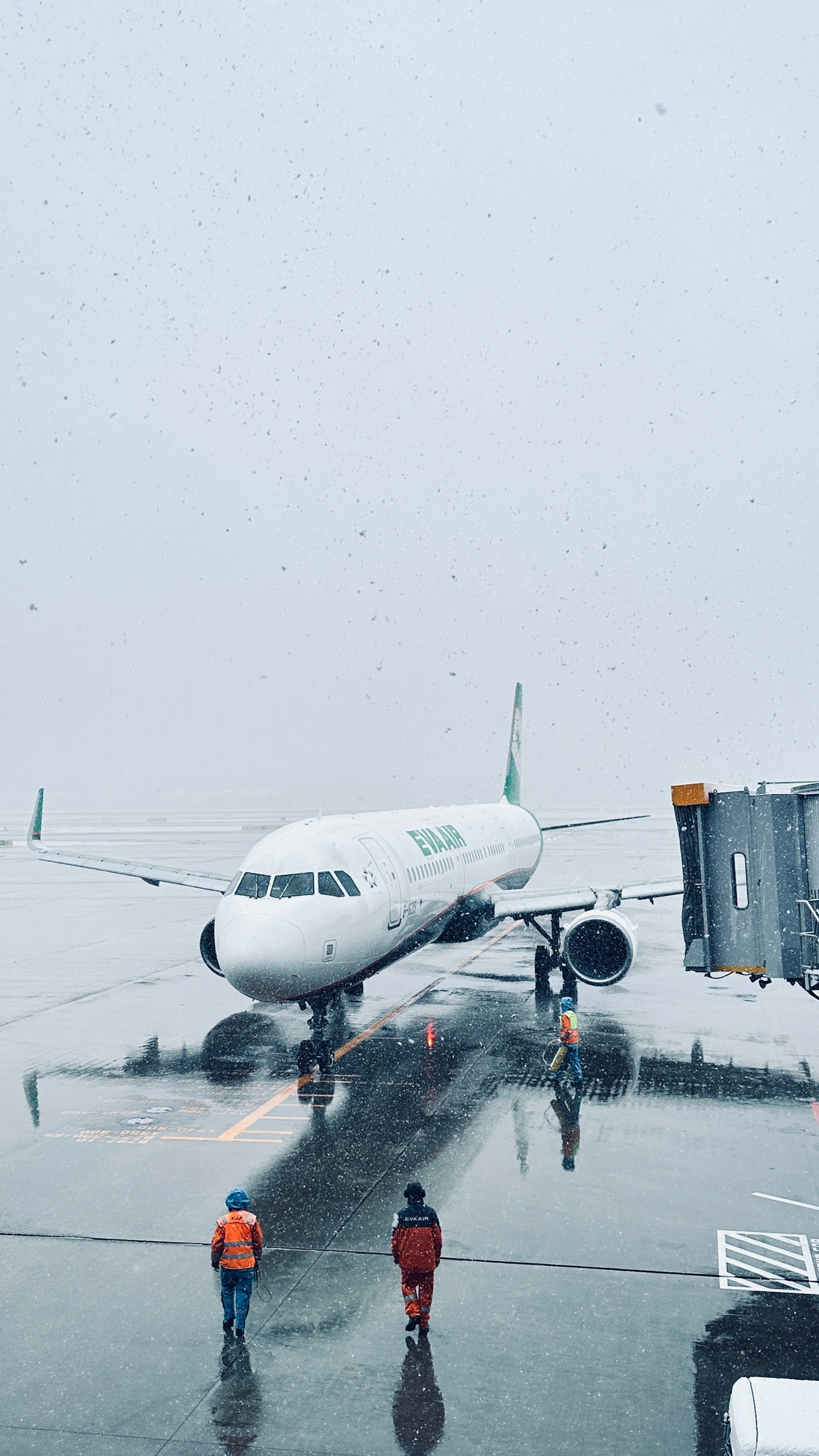 눈 내리는 나리타공항 주기장의 여객기